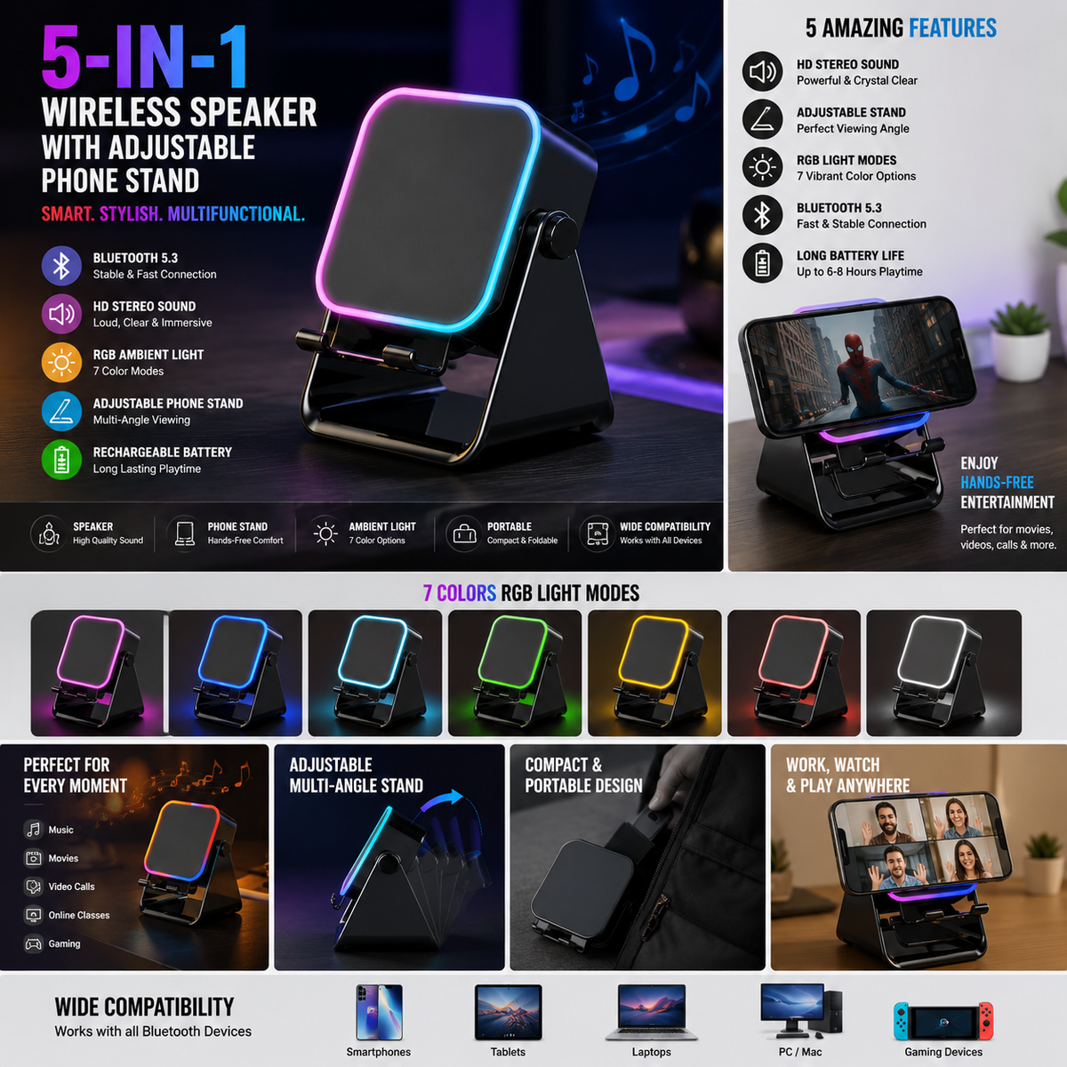 5-in-1 Wireless Speaker with Adjustable Phone Stand