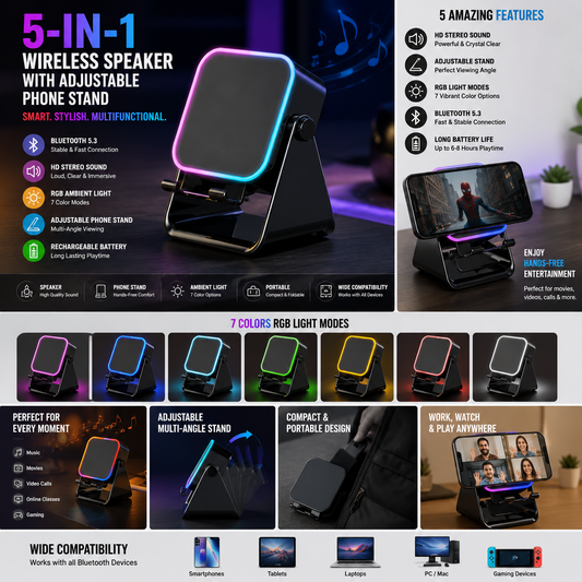 5-in-1 Wireless Speaker with Adjustable Phone Stand