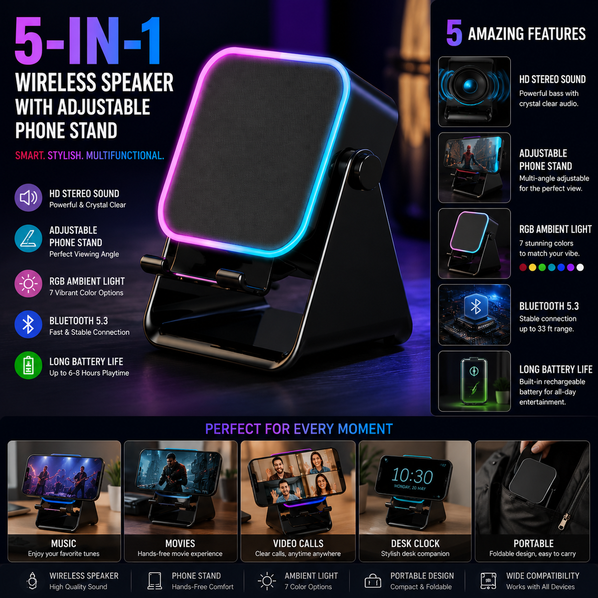 5-in-1 Wireless Speaker with Adjustable Phone Stand