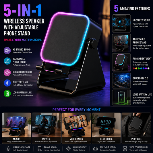 5-in-1 Wireless Speaker with Adjustable Phone Stand
